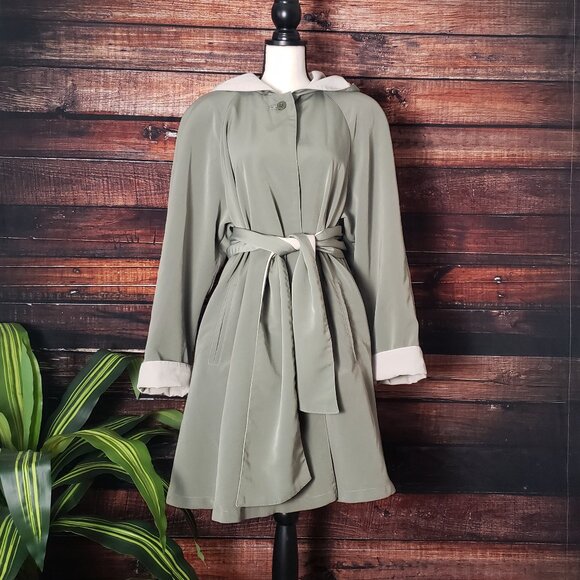 American Bazaar Vintage Coat Jacket L Long Hooded Belted Olive Green Pockets - Picture 8 of 13